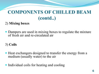 2) Mixing boxes
 Dampers are used in mixing boxes to regulate the mixture
of fresh air and re-circulated air
3) Coils
 Heat exchangers designed to transfer the energy from a
medium (usually water) to the air
 Individual coils for heating and cooling
6
COMPONENTS OF CHILLED BEAM
(contd..)
 