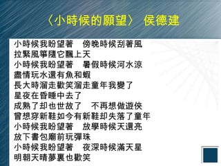 〈小時候的願望〉 侯德建
小時候我盼望著 傍晚時候刮著風
拉緊風箏隨它飄上天
小時候我盼望著 暑假時候河水涼
盡情玩水還有魚和蝦
長大時溜走歡笑溜走童年我變了
星夜在昏睡中去了
成熟了却也世故了 不再想做遊俠
曾想穿新鞋如今有新鞋却失落了童年
小時候我盼望著 放學時候天還亮
放下書包廟前玩彈珠
小時候我盼望著 夜深時候滿天星
明朝天晴夢裏也歡笑
 