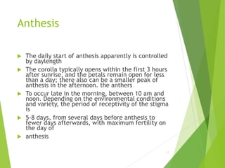 Anthesis
 The daily start of anthesis apparently is controlled
by daylength
 The corolla typically opens within the first 3 hours
after sunrise, and the petals remain open for less
than a day; there also can be a smaller peak of
anthesis in the afternoon. the anthers
 To occur late in the morning, between 10 am and
noon. Depending on the environmental conditions
and variety, the period of receptivity of the stigma
is
 5-8 days, from several days before anthesis to
fewer days afterwards, with maximum fertility on
the day of
 anthesis
17
 