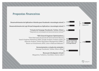 © Copyright Pilgrim 2010
Desenvolvimento de Aplicativo+Hotsite para Facebook e tecnologia móvel
Desenvolvimento de Loja Virtual integrada ao Aplicativo e tecnologia móvel
*Criação de Fanpage (Facebook), Twitter, Orkut
*Depende da contratação do Gerenciamento mensal
*SEO (Search Engineer Optimization)
*Deve fazer parte do pacote de Gerenciamento Mensal
Search Engineer Marketing (SEM), Google Analytics Analysis (GAA),
Adwords Analysis, Online Reputation Management (ORM),
Return on Investiments (ROI), Links in Relevant Websites
Gerenciamento e criação de conteúdo
Fanpage (Facebook), Twitter, Orkut e Blog
Busca por divulgação virtual
Blogueiros, Twitteiros, Stumblers, Outras redes
Propostas ﬁnanceiras
R$ 7.000 mensais
R$ 3.000 mensais
para um investimento
entre R$ 1.000 e 7.000
em Google Adwords
R$ 0
B R$ 50.000
A R$ 45.000
R$ 90.000
Pacote A+B
C R$ 10.000
 