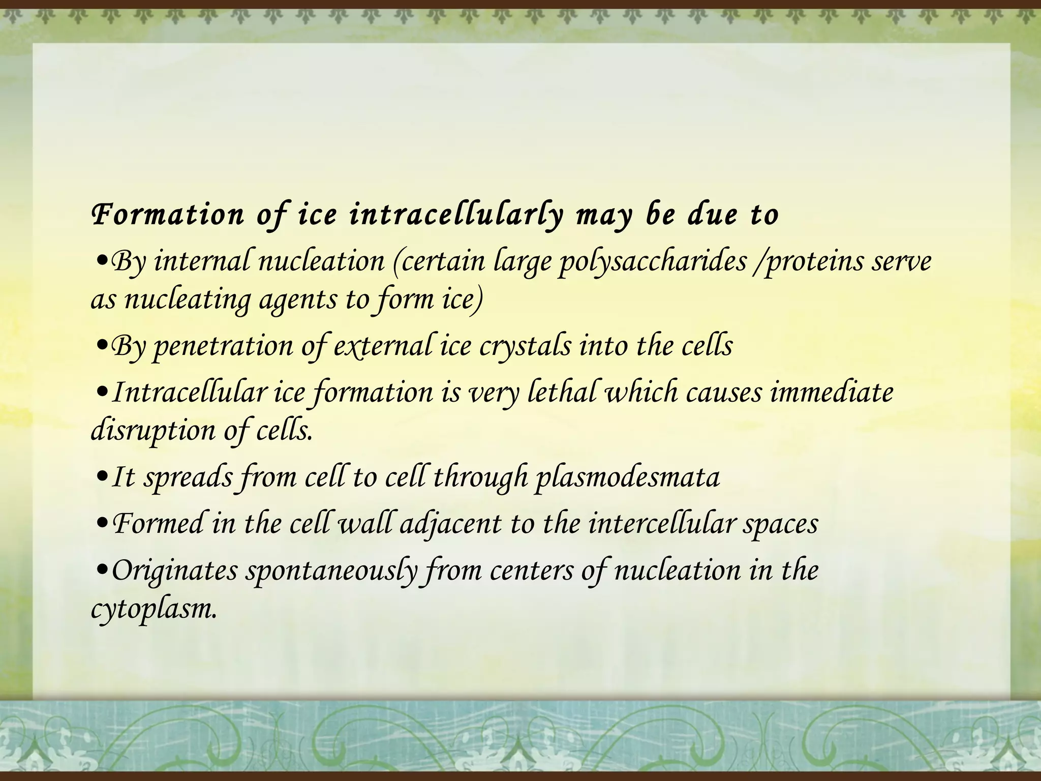Formation of ice intracellularly may be due to
•By internal nucleation (certain large polysaccharides /proteins serve
as nucleating agents to form ice)
•By penetration of external ice crystals into the cells
•Intracellular ice formation is very lethal which causes immediate
disruption of cells.
•It spreads from cell to cell through plasmodesmata
•Formed in the cell wall adjacent to the intercellular spaces
•Originates spontaneously from centers of nucleation in the
cytoplasm.

 