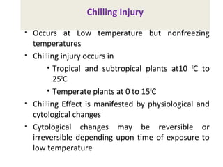 Chilling Injury
• Occurs at Low temperature but nonfreezing
temperatures
• Chilling injury occurs in
• Tropical and subtropical plants at10 0
C to
250
C
• Temperate plants at 0 to 150
C
• Chilling Effect is manifested by physiological and
cytological changes
• Cytological changes may be reversible or
irreversible depending upon time of exposure to
low temperature
 