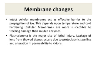 Membrane changes
• Intact cellular membranes act as effective barrier to the
propagation of ice. This depends upon temperature and cold
hardening .Cellular Membranes are more susceptible to
freezing damage than soluble enzymes.
• Plasmalemma is the major site of lethal injury. Leakage of
ions from thawed tissues occurs due to protoplasmic swelling
and alteration in permeability to K+ions.
 