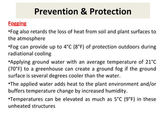 Prevention & Protection
Fogging
•Fog also retards the loss of heat from soil and plant surfaces to
the atmosphere
•Fog can provide up to 4°C (8°F) of protection outdoors during
radiational cooling
•Applying ground water with an average temperature of 21°C
(70°F) to a greenhouse can create a ground fog if the ground
surface is several degrees cooler than the water.
•The applied water adds heat to the plant environment and/or
buffers temperature change by increased humidity.
•Temperatures can be elevated as much as 5°C (9°F) in these
unheated structures
 