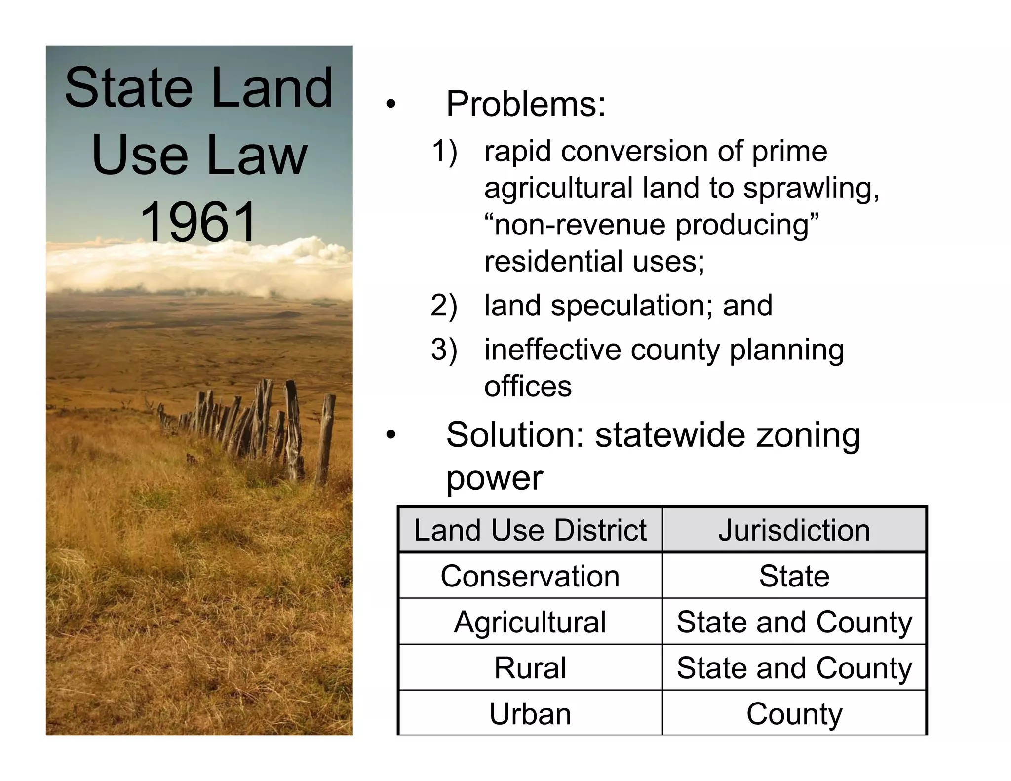 State Land   •     Problems:
 Use La
      Law         1) rapid conversion of prime
                         id         i    f i
                     agricultural land to sprawling,
   1961              “non-revenue producing”
                     residential uses;
                  2) land speculation; and
                  3) i ff ti county planning
                     ineffective      t l     i
                     offices
             •     Solution: statewide zoning
                   power
                 Land Use District    Jurisdiction
                   Conservation          State
                    Agricultural
                     g             State and Countyy
                       Rural       State and County
                      Urban             County
 