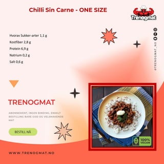 Hvorav Sukker-arter 1,1 g
Kostfiber 2,8 g
Protein 6,9 g
Natrium 0,2 g
Salt 0,6 g
Chilli Sin Carne - ONE SIZE
 