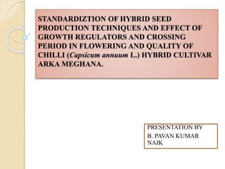 STANDARDIZTION OF HYBRID SEED
PRODUCTION TECHNIQUES AND EFFECT OF
GROWTH REGULATORS AND CROSSING
PERIOD IN FLOWERING AND QUALITY OF
CHILLI (Capsicum annuum L.) HYBRID CULTIVAR
ARKA MEGHANA.
PRESENTATION BY
B. PAVAN KUMAR
NAIK
 