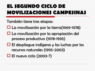 EL SEGUNDO CICLO DE MOVILIZACIONES CAMPESINAS También tiene tres etapas: La movilización por la tierra(1969-1978) La movilización por la apropiación del proceso productivo (1978-1995) El despliegue indígena y las luchas por los recursos naturales (1995-2003) El nuevo ciclo (2003-?) 