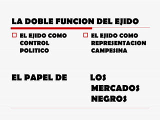 LA DOBLE FUNCION DEL EJIDO EL EJIDO COMO CONTROL POLITICO EL PAPEL DE EL EJIDO COMO REPRESENTACION CAMPESINA LOS MERCADOS NEGROS 