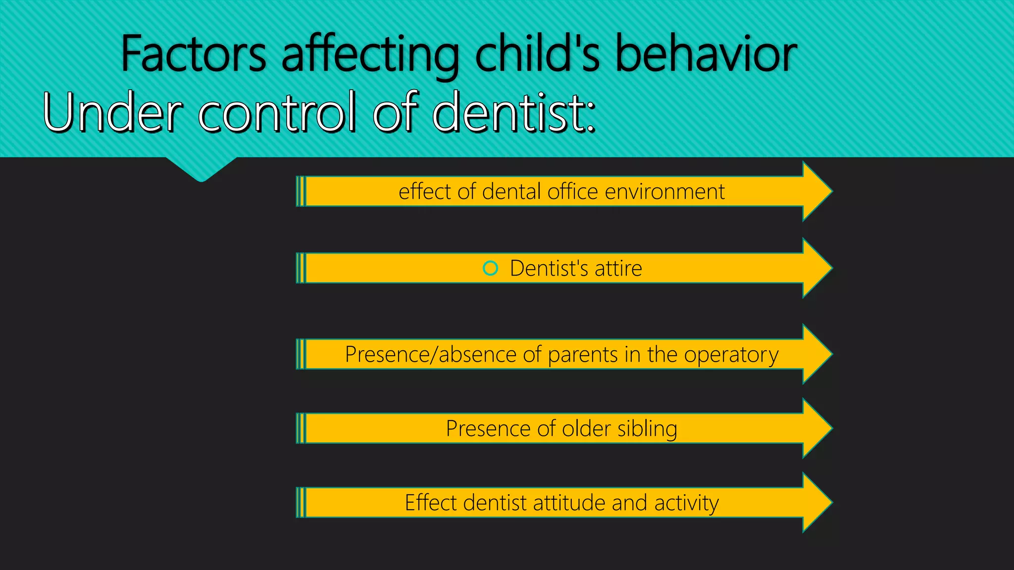 Factors affecting child's behavior
effect of dental office environment
 Dentist's attire
Presence/absence of parents in the operatory
Presence of older sibling
Effect dentist attitude and activity
 