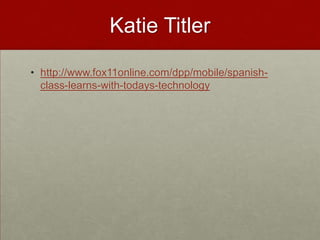 EXAMPLE: Mobile Podcasting Project:  Field TripsHigh School Chemistry Students on a field trip at Cranbrook Science Museum in MI. Cell Phones pictures documented chemical elements.Used:  Camera on cell phone and sent to drop.io at http://drop.io/CKCHEM4