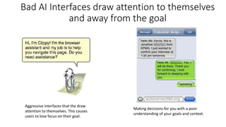 Bad AI Interfaces draw attention to themselves
and away from the goal
Aggressive interfaces that the draw
attention to the...