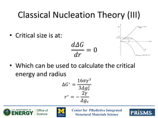 Center for PRedictive Integrated
Structural Materials Science
Classical Nucleation Theory (III)
• Critical size is at:
• Which can be used to calculate the critical
energy and radius
 