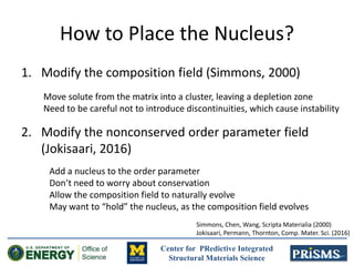 Center for PRedictive Integrated
Structural Materials Science
How to Place the Nucleus?
1. Modify the composition field (Simmons, 2000)
2. Modify the nonconserved order parameter field
(Jokisaari, 2016)
Simmons, Chen, Wang, Scripta Materialia (2000)
Jokisaari, Permann, Thornton, Comp. Mater. Sci. (2016)
Move solute from the matrix into a cluster, leaving a depletion zone
Need to be careful not to introduce discontinuities, which cause instability
Add a nucleus to the order parameter
Don’t need to worry about conservation
Allow the composition field to naturally evolve
May want to “hold” the nucleus, as the composition field evolves
 