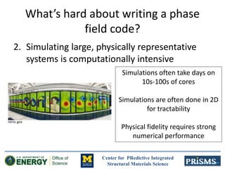 Center for PRedictive Integrated
Structural Materials Science
What’s hard about writing a phase
field code?
2. Simulating large, physically representative
systems is computationally intensive
Simulations often take days on
10s-100s of cores
Simulations are often done in 2D
for tractability
Physical fidelity requires strong
numerical performance
nersc.gov
 