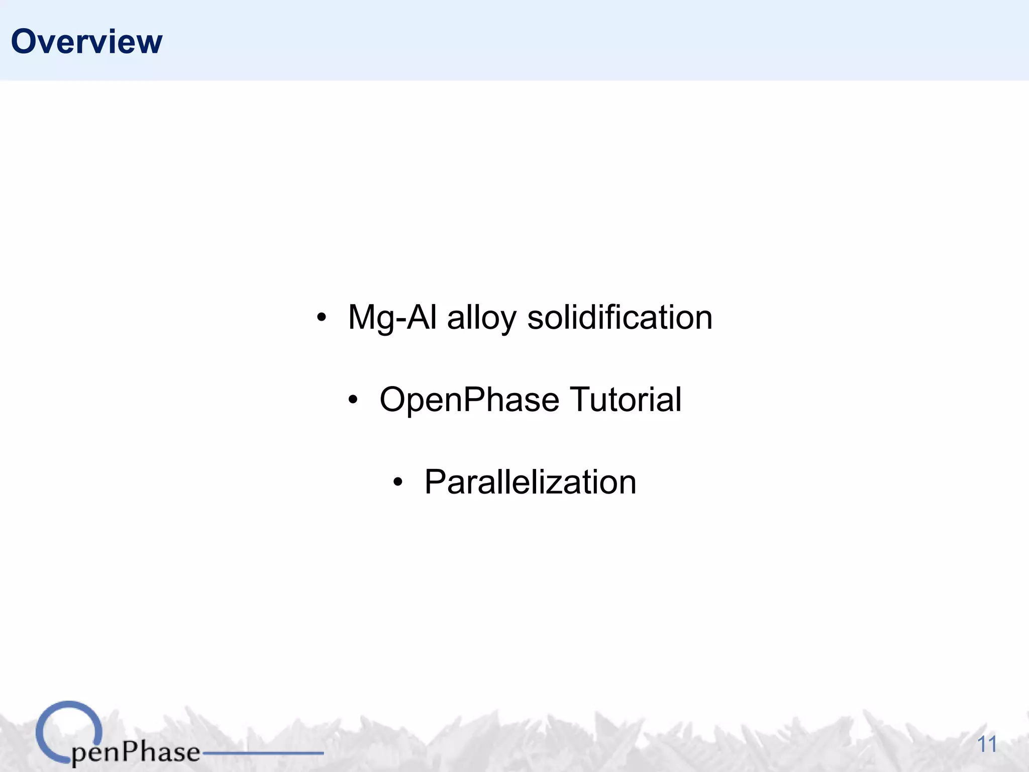 11
Overview
• Mg-Al alloy solidification
• OpenPhase Tutorial
• Parallelization
 