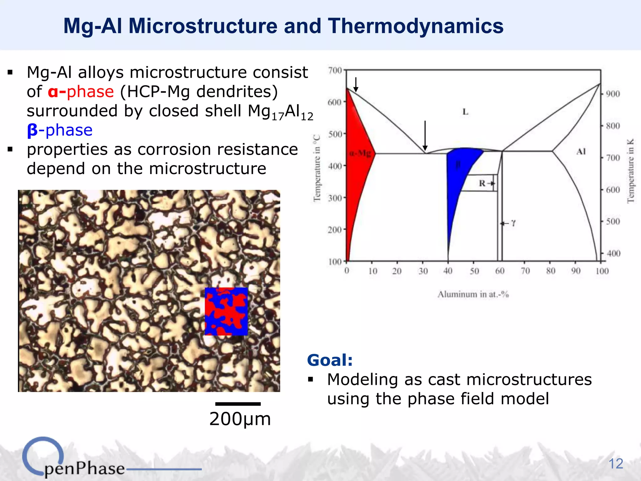 12
Mg-Al Microstructure and Thermodynamics
 Mg-Al alloys microstructure consist
of α-phase (HCP-Mg dendrites)
surrounded by closed shell Mg17Al12
β-phase
 properties as corrosion resistance
depend on the microstructure
Goal:
 Modeling as cast microstructures
using the phase field model
200µm
 