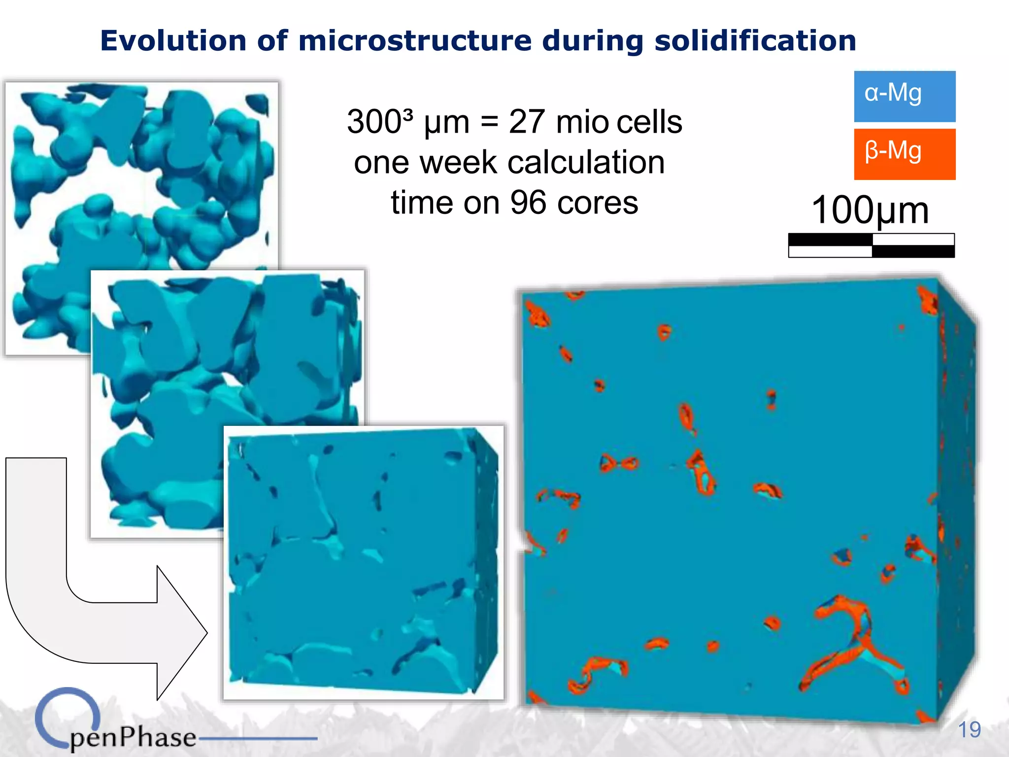 19
Evolution of microstructure during solidification
α-Mg
β-Mg
100µm
300³ µm = 27 mio cells
one week calculation
time on 96 cores
 