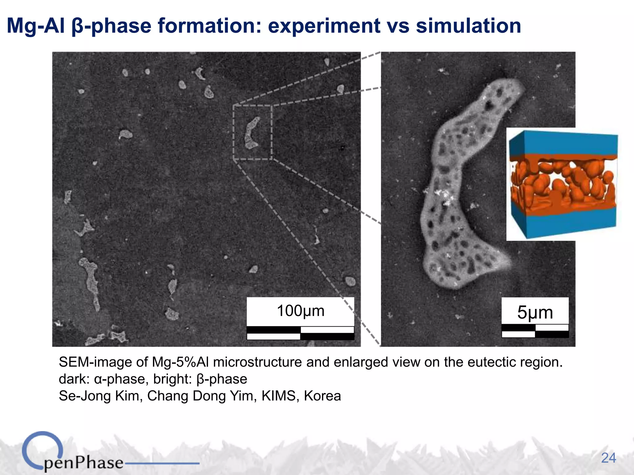 24
Mg-Al β-phase formation: experiment vs simulation
100µm 5µm
SEM-image of Mg-5%Al microstructure and enlarged view on the eutectic region.
dark: α-phase, bright: β-phase
Se-Jong Kim, Chang Dong Yim, KIMS, Korea
 