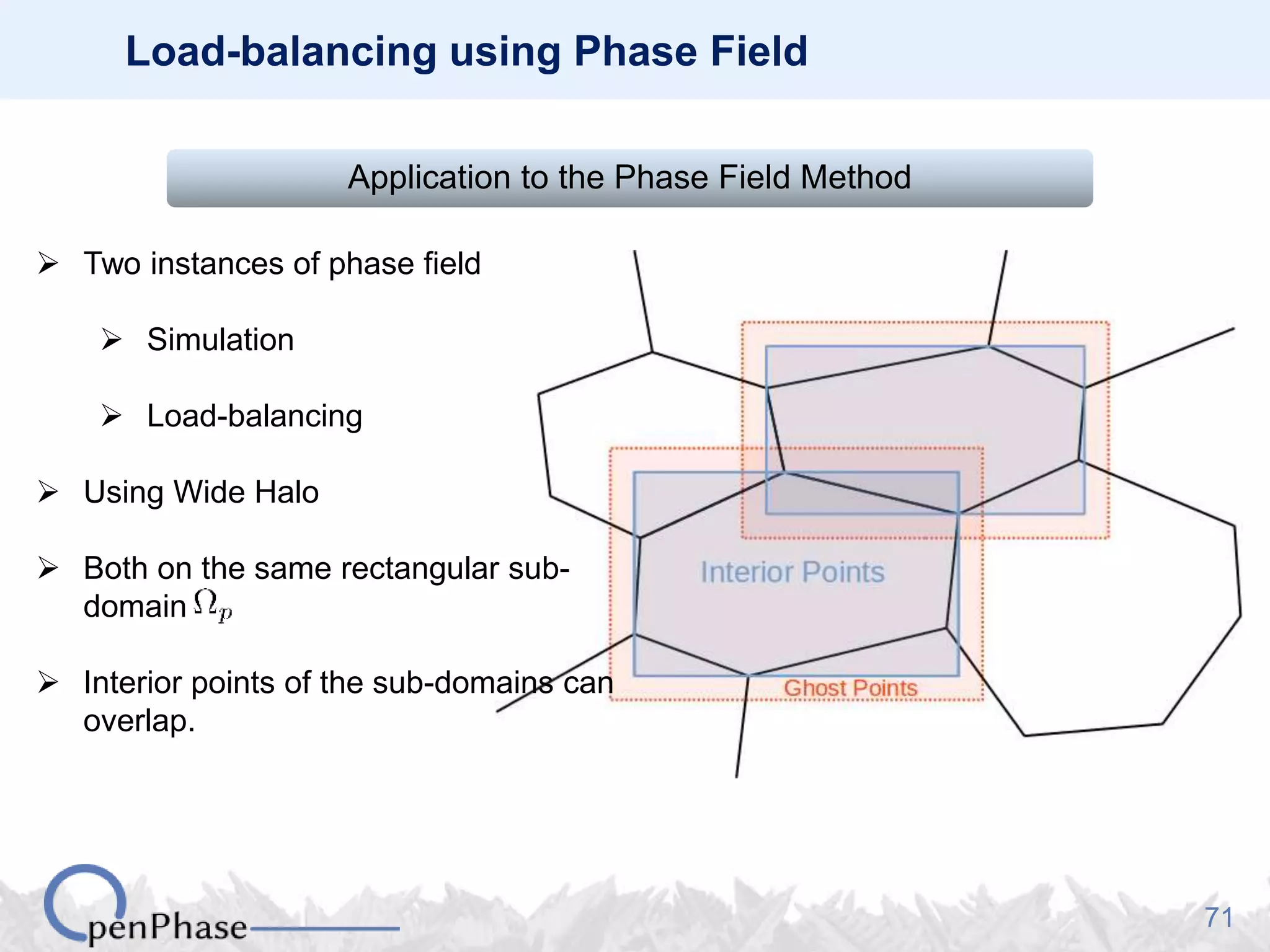 71
Load-balancing using Phase Field
Application to the Phase Field Method
 Two instances of phase field
 Simulation
 Load-balancing
 Using Wide Halo
 Both on the same rectangular sub-
domain
 Interior points of the sub-domains can
overlap.
 