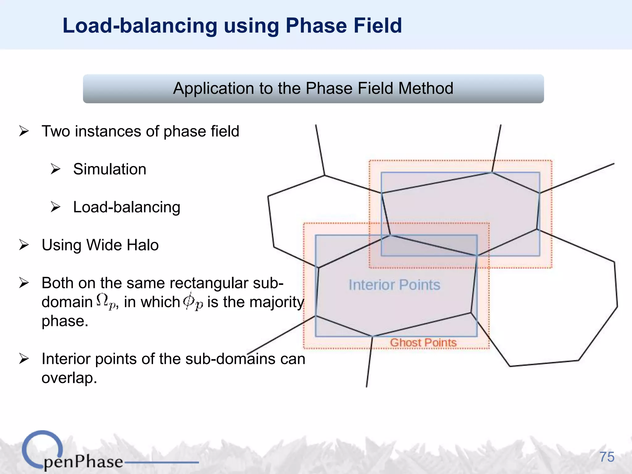 75
Load-balancing using Phase Field
Application to the Phase Field Method
 Two instances of phase field
 Simulation
 Load-balancing
 Using Wide Halo
 Both on the same rectangular sub-
domain , in which is the majority
phase.
 Interior points of the sub-domains can
overlap.
 
