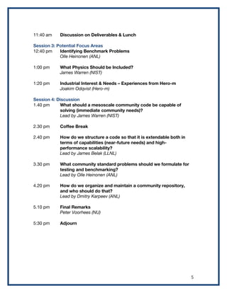   5	
  
11:40 am Discussion on Deliverables & Lunch
Session 3: Potential Focus Areas
12:40 pm Identifying Benchmark Problems
Olle Heinonen (ANL)
1:00 pm What Physics Should be Included?
James Warren (NIST)
1:20 pm Industrial Interest & Needs – Experiences from Hero-m
Joakim Odqvist (Hero-m)
Session 4: Discussion
1.40 pm What should a mesoscale community code be capable of
solving (immediate community needs)?
Lead by James Warren (NIST)
2.30 pm Coffee Break
2.40 pm How do we structure a code so that it is extendable both in
terms of capabilities (near-future needs) and high-
performance scalability?
Lead by James Belak (LLNL)
3.30 pm What community standard problems should we formulate for
testing and benchmarking?
Lead by Olle Heinonen (ANL)
4.20 pm How do we organize and maintain a community repository,
and who should do that?
Lead by Dmitry Karpeev (ANL)
5.10 pm Final Remarks
Peter Voorhees (NU)
5:30 pm Adjourn
 