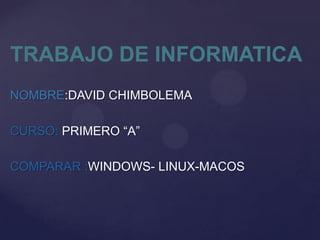TRABAJO DE INFORMATICA
NOMBRE:DAVID CHIMBOLEMA
CURSO: PRIMERO “A”

COMPARAR :WINDOWS- LINUX-MACOS

 