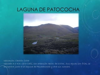 LAGUNA DE PATOCOCHA
Ubicación: Cantón Colta
Ubicado a 6 Km vía a Cañi, con extensión aprox. De 600m. Sus aguas son frías, se
encuentra junto a la laguna de Pescadococha y otra sin nombre.
 