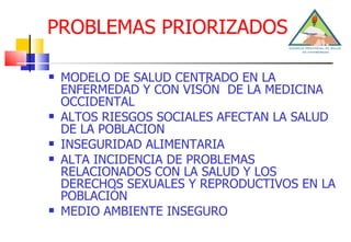 PROBLEMAS PRIORIZADOS MODELO DE SALUD CENTRADO EN LA ENFERMEDAD Y CON VISÓN  DE LA MEDICINA OCCIDENTAL ALTOS RIESGOS SOCIALES AFECTAN LA SALUD DE LA POBLACION  INSEGURIDAD ALIMENTARIA ALTA INCIDENCIA DE PROBLEMAS RELACIONADOS CON LA SALUD Y LOS DERECHOS SEXUALES Y REPRODUCTIVOS EN LA POBLACIÓN MEDIO AMBIENTE INSEGURO 
