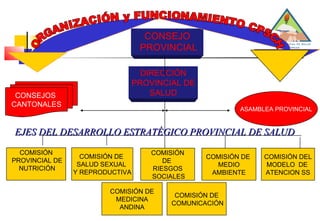 DIRECCIÓN PROVINCIAL DE SALUD CONSEJO PROVINCIAL COMISIÓN DE  SALUD SEXUAL  Y REPRODUCTIVA COMISIÓN DE  RIESGOS SOCIALES COMISIÓN DE  MEDIO AMBIENTE COMISIÓN DEL MODELO  DE  ATENCION SS CONSEJOS  CANTONALES EJES DEL DESARROLLO ESTRATÉGICO PROVINCIAL DE SALUD ASAMBLEA PROVINCIAL COMISIÓN PROVINCIAL DE NUTRICIÓN ORGANIZACIÓN y FUNCIONAMIENTO CPSCH COMISIÓN DE MEDICINA  ANDINA COMISIÓN DE COMUNICACIÓN 