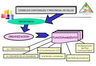 IMPORTANCIA  FUNCIONAMIENTO ORGANIZACION CONSEJOS CANTONALES Y PROVINCIAL DE SALUD M.1 PREPARACIÓN  M.2 REUNION DE LA ASAMBLEA M.3 Conformación CCS  M.4 Nomb. comisiones M6 Perfil de proyectos M5.Elaboración del Plan  Cantonal Salud 