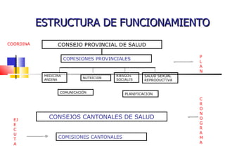ESTRUCTURA DE FUNCIONAMIENTO CONSEJO PROVINCIAL DE SALUD SALUD SEXUAL REPRODUCTIVA NUTRICION MEDICINA ANDINA CONSEJOS CANTONALES DE SALUD COMISIONES PROVINCIALES PLAN COORDINA CRONOGRAMA EJECUTA RIESGOS SOCIALES COMUNICACIÓN PLANIFICACION COMISIONES CANTONALES 