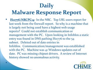Daily Malware Response Report 
• IS11776NRCPC14- In the NRC. Top URL users report for last week from the firewall report. So why is a machine that is largely not being used have a highest web usage reports? Could not establish communication or management with the PC. Upon looking in Infoblox a static entry was found in DNS pathing IS11776 to the 54 subnet. Deleted out of date entries in Infoblox. Communication/management was established with the PC. Machine was 41 Windows updates out of date. PC was missing chipset drivers. A review of Internet history showed no anomalous activity. 
•  