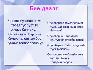 Бие даалт

Чөлөөт бус холбоо үг
                         Өгүүлбэрээс тэмдэг нэрийг
  төрөл тус бүрт 10        түүж, шинжээр нь ангилж
  жишээ бичнэ үү.          бичээрэй.
Энгийн өгүүлбэр 5-ыг
                         Өгүүлбэрийн тодотгол
бичиж чөлөөт холбоо        гишүүдийг түүж бичээрэй.
үгсийг тайлбарлана уу.
                         Өгүүлбэрээс байц гишүүнийг
                           түүж бичээрэй.
                         Сонгосон өгүүлбэрийн цөм
                           бүтцийг бичиж
                           тодорхойлоорой.
 