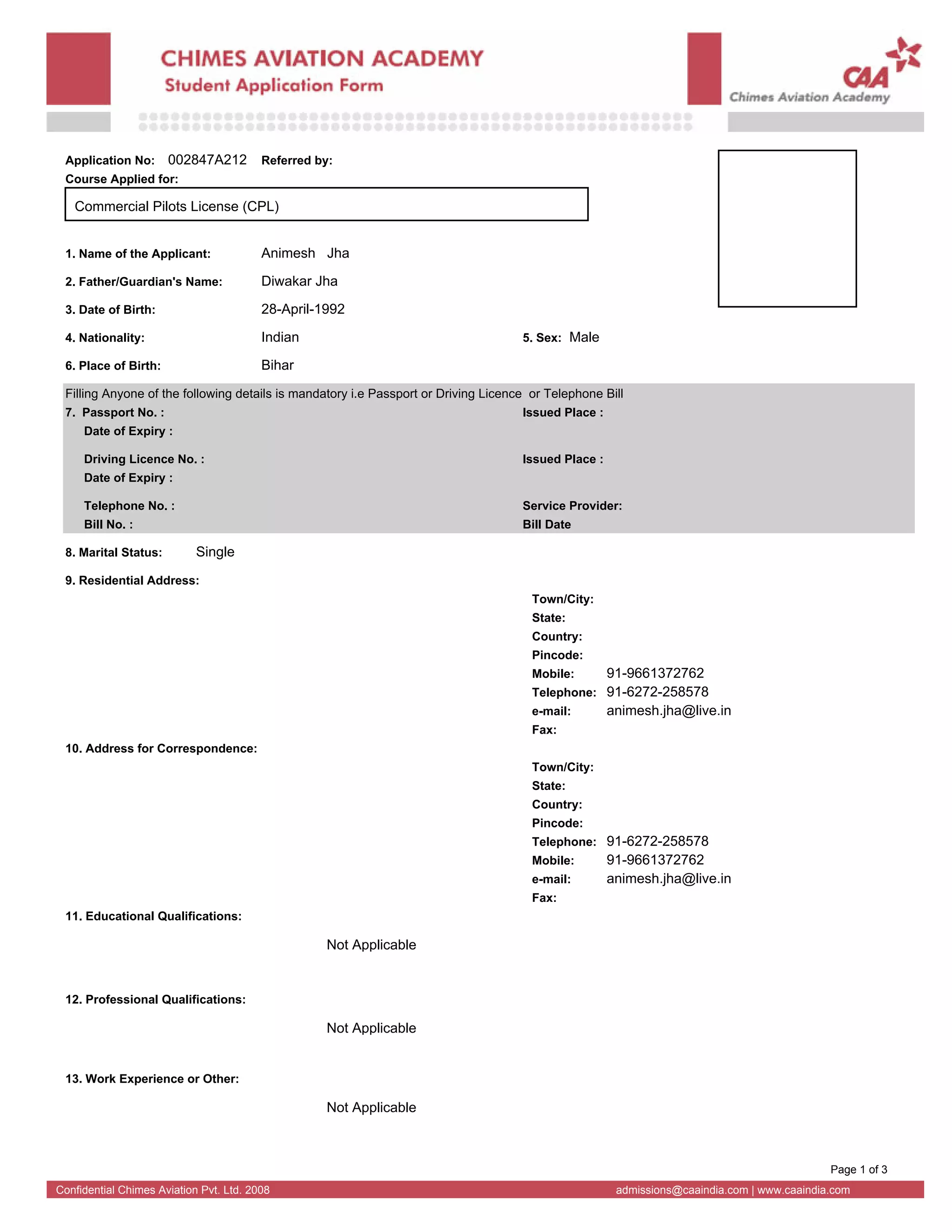 Chimes Aviation Academy Admission Application Form PDF