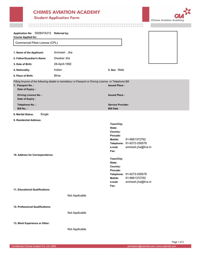 CPL Training in India Application Form Chimes Aviation Academy PDF