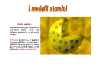 I PRIMI MODELLI
Dopo Dalton i modelli interpretativi
dell’atomo hanno subito una
notevole evoluzione nel corso del
tempo.


Il modello più semplice è quello di
Thomson (1904): gli atomi erano
costituiti da sfere piene di carica
positiva in cui erano incastonati gli
elettroni (modello a panettone).
 
