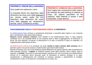 PROPRIETA’ FISICHE DELLA MATERIA
                                                     PROPRIETA’ CHIMICHE DELLA MATERIA
Sono quelle che colpiscono i sensi.                  Sono legate alla composizione della materia:
Le proprietà fisiche che dipendono dalle             per esempio da quali sostanze è costituito un
dimensioni del corpo sono dette estensive            corpo, dai rapporti quantitativi tra tali
(es. volume, peso); quelle che non                   sostanze, dalla reattività di queste, il peso
dipendono dalle dimensioni del corpo                 molecolare, il peso atomico.
sono dette intensive (es. temperatura,
densità, colore, consistenza al tatto).


TRASFORMAZIONE FISICA E TRASFORMAZIONE CHIMICA A CONFRONTO

La trasformazione fisica conduce a cambiamenti temporanei e reversibili della materia e non comporta
alcun cambiamento nella natura della sostanza.
Nessuna nuova sostanza compare come risultato di una trasformazione fisica. In essa vengono
modificate una o più proprietà fisiche di una sostanza quali lo stato di aggregazione, le dimensioni, la
forma. Ne sono esempio: la fusione, la dissoluzione di un sale, la riduzione in pezzi un materiale o la
magnetizzazione della polvere di ferro.

La trasformazione chimica è un processo nel quale cambia la natura chimica delle sostanze che vi
prendono parte e che perciò conduce a trasformazioni permanenti della materia.
Quando si formano una o più nuove sostanze queste differiscono da quelle originarie nella composizione e
nelle proprietà chimiche. I reagenti, le sostanze presenti prima della reazione, danno origine, dopo la
reazione, ai prodotti. Dal punto di vista macroscopico possiamo dire che è avvenuta una trasformazione
chimica se si osservano alcuni fenomeni quali: la formazione di bollicine (sviluppo di un gas),
riscaldamento o raffreddamento del recipiente di reazione (sviluppo o assorbimento di energia),
cambiamenti di colore, la formazione o la scomparsa di un solido, ecc.
 