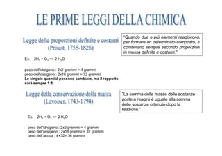 “Quando due o più elementi reagiscono,
                                                       per formare un determinato composto, si
                                                       combinano sempre secondo proporzioni
                                                       in massa definite e costanti.”
Es.    2H2 + O2 => 2 H2O

peso dell'idrogeno : 2x2 grammi = 4 grammi
peso dell'ossigeno : 2x16 grammi = 32 grammi.
Le singole quantità possono cambiare, ma il rapporto
sarà sempre 1:8.


                                                       “La somma delle masse delle sostanze
                                                       poste a reagire è uguale alla somma
                                                       delle sostanze ottenute dopo la
                                                       reazione.”
 Es.    2H2 + O2 => 2 H2O

 peso dell'idrogeno : 2x2 grammi = 4 grammi
 peso dell'ossigeno : 2x16 grammi = 32 grammi
 peso dell’acqua : 4+32= 36 grammi
 