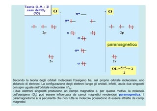 Secondo la teoria degli orbitali molecolari l'ossigeno ha, nel proprio orbitale molecolare, uno
sbilancio di elettroni. La configurazione degli elettroni lungo gli orbitali, infatti, lascia due singoletti
con spin uguale nell'orbitale molecolare π*2p.
I due elettroni singoletti producono un campo magnetico e, per questo motivo, la molecola
dell'ossigeno (O2) può essere influenzata da campi magnetici rendendosi paramagnetica. Il
paramagnetismo è la peculiarità che non tutte le molecole possiedono di essere attratte da campi
magnetici
 
