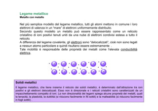Legame metallico
    Metallo con metallo

    Nel più semplice modello del legame metallico, tutti gli atomi mettono in comune i loro
    elettroni di valenza in un “mare” di elettroni uniformemente distribuito.
    Secondo questo modello un metallo può essere rappresentato come un reticolo
    cristallino di ioni positivi tenuti uniti da una nube di elettroni condivisi estesa a tutto il
    reticolo.
    A differenza del legame covalente, gli elettroni sono “delocalizzati”, cioè non sono legati
    a nessun atomo particolare e quindi risultano essere estremamente .
    Tale mobilità è responsabile delle proprietà dei metalli come l’elevata conducibilità
    elettrica.




Solidi metallici
Il legame metallico, che tiene insieme il reticolo dei solidi metallici, è determinato dall’attrazione tra ioni
positivi e gli elettroni delocalizzati. Esso non è direzionale e i reticoli cristallini sono caratterizzati da un
impacchettamento compatto di ioni. La non direzionalità dei legami spiega alcune proprietà dei metalli, quali
la tenacità, la plasticità, la duttilità (si riducono facilmente in fili sottili) e la malleabilità (si riducono facilmente
in fogli sottili) .
 