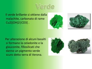 Il verde brillante si ottiene dalla
malachite, carbonato di rame
Cu2[(OH)2|CO3] .
Per alterazione di alcuni basalti
si formano la celadonite e la
glauconite, fillosilicati che
danno un pigmento verde
scuro detto terra di Verona.
 