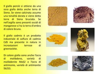 Il giallo perciò si ottiene da una
ocra gialla detta anche terra di
Siena. Se viene calcinata assume
una tonalità dorata e viene detta
terra di Siena bruciata. Se
nell'argilla sono presenti ossidi di
manganese si ha la terra d'ombra
di colore bruno.
Il giallo cadmio è un prodotto
industriale di solfuro di cadmio
CdS ma presente in natura in
incrostazioni terrose di
greenockite.
Di colore giallo sono anche l’ocra
di molibdeno, varietà di
molibdenite MoS2 e l’ocra di
antimonio, varietà di antimonite
Sb2S3.
 