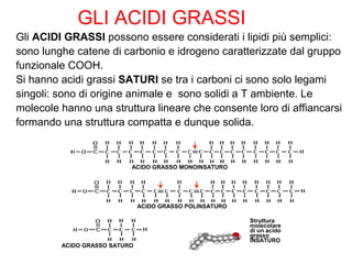 Gli ACIDI GRASSI possono essere considerati i lipidi più semplici:
sono lunghe catene di carbonio e idrogeno caratterizzate dal gruppo
funzionale COOH.
Si hanno acidi grassi SATURI se tra i carboni ci sono solo legami
singoli: sono di origine animale e sono solidi a T ambiente. Le
molecole hanno una struttura lineare che consente loro di affiancarsi
formando una struttura compatta e dunque solida.
ACIDO GRASSO MONOINSATURO
ACIDO GRASSO POLINSATURO
ACIDO GRASSO SATURO
Struttura
molecolare
di un acido
grasso
INSATURO
GLI ACIDI GRASSI
 