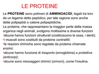 LE PROTEINE
Le PROTEINE sono polimeri di AMMINOACIDI, legati tra loro
da un legame detto peptidico, per tale ragione sono anche
dette polipeptidi o catene polipeptidiche.
Le proteine, che rappresentano la maggior parte della massa
organica negli animali, svolgono moltissime e diverse funzioni
•alcune hanno funzioni strutturali (costituiscono le ossa, i denti);
•i muscoli sono costituiti da proteine contrattili;
•le reazioni chimiche sono regolate da proteine chiamate
enzimi;
•alcune hanno funzione di trasporto (emoglobina) o protettiva
(anticorpi);
•alcune sono messaggeri chimici (ormoni), come l’insulina.
 