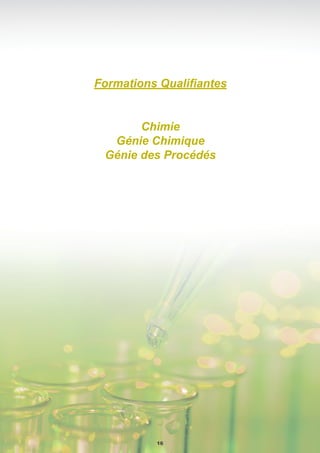 DESCRIPTION
■ Savoir calculer et utiliser les grandeurs standard de réaction et
connaître les lois de modération des équilibres. Savoir caractériser
les équilibres en solutions aqueuses : réactions acido-basiques, de
complexation, de précipitation et d’oxydo-réduction.
PUBLICS
■ Bac +2
DURÉE
■ 6 jours
LIEU DE FORMATION
■ INP Toulouse
FORMES D’ENSEIGNEMENTS
■ C
PÉDAGOGIE
■ Mixte (présentiel et distant)
Chimie Générale
Dates : Nous contacter
COÛT DE LA FORMATION :
Nous contacter
Valérie SCHMITT
05 34 32 31 08
valerie.schmitt@inp-toulouse.fr
PROGRAMME
■ Thermodynamique chimique
■ Grandeurs standards de réaction, affinité chimique, lois de dé-
placement d’équilibre (influence de la température, de la pression
et de l’ajout d’un constituant).
■ Équilibres en solution aqueuse
■ Réactions acido-basiques (pH et pKA), réactions de complexa-
tion (constante de formation et de dissociation de complexes),
réactions de précipitation (solubilité et produit de solubilité).
■ Oxydo-réduction
■ Nombre d’oxydation, équation de Nernst, diagrammes d’Ellin-
gham, diagrammes potentiel-pH.
17
Modules Chimie
 