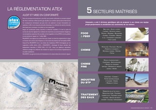 LA RÉGLEMENTATION ATEX
Palamatic a créé 5 divisions spécifiques afin de proposer à ses clients une équipe
projet performante et sensibilisée aux contraintes de ces métiers.II 0/1 D GD IIBT4
5 SECTEURS MAÎTRISÉS
Baby food n Epices et arômes
n Laiteries n Nutrition animale n
Petfood n Meuneries n Boulangerie
n Sucrerie n Confiserie n Boissons
et jus n Compléments alimentaires
n Plats cuisinés
Pétrochimie n Plasturgie n Peinture
n Pigments et colorants n
Pesticides et engrais n Papeterie
n Textile
Produits pharmaceutiques n
Cosmétiques n Biotechnologies
n Produits de traitement
aseptique n Détergents et produits
lessiviels n Arômes
Cimenteries n Carrières n
Plâtre industriel (plaques
et poudres) n Verrerie
n Minéraux et métaux
Préparation de lait de chaux n
Dissolution d’urée n Traitement
charbon actif n Traitement sulfate
d’alumine n Gestion des boues /
transfert / stockage / refroidissement
FOOD
& FEED
CHIMIE
CHIMIE
FINE
INDUSTRIE
DU BTP
TRAITEMENT
DES EAUX
22 I www.palamaticprocess.fr/bureau-etudes-ingenierie/atex www.palamaticprocess.fr/secteurs I 23
Audit et mise en conformité
Dans vos processus de production, vous êtes très souvent confrontés au caractère explosif
des divers matériaux utilisés (poudre, gaz, liquide). Les accidents spectaculaires démontrent
les conséquences dramatiques que peut avoir une explosion. Lorsque l’atmosphère est
explosive, il suffit d´une minuscule étincelle (mécanique d´un élément de machine, étincelle
électrique) pour provoquer un accident ou une catastrophe.
Depuis de nombreuses années, autorités et industries travaillent à la mise au point de
normes de sécurité régissant les conditions de travail dans ces environnements dangereux,
ces atmosphères explosives.De nouvelles normes (appelées normesATEX) ont été publiées
et sont entrées en vigueur au 1er
juillet 2003.
PALAMATIC vous apporte son savoir-faire pour classer en zones les emplacements à risque
en fonction de la nature,de la fréquence ou de la durée de présence de l’atmosphèreATEX.
Aujourd´hui, PALAMATIC livre à ses clients des installations ATEX homologuées par les
organismes notifiés (Inéris, LCIE…). PALAMATIC a développé de façon standard des
équipements répondant à l’ATEX 0-20/ 1-21/ 2-22. Aussi, nos ingénieurs spécialistes
réalisent le zonage et la rédaction des analyses de risques sur les nouveaux équipements et
nouvelles installations.
PALAMATIC vous garantit la sécurité d’exploitation et le respect absolu des normes en vigueur.
80 % des installations
livrées par Palamatic
sont classées Atex
 