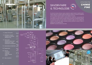 DIVISION
CHIMIE
FINE
Nos clients sont souvent confrontés au rapport compétitivité et exigences relatives à la qualité du produit.
Palamatic intègre dans la conception des lignes des équipements répondant aux contraintes de traçabilité,de
précision de dosage, de qualité de mélange, de normes d’hygiène et de sécurité.
De la réception de la matière première au conditionnement des « produits finis », nous garantissons des
process fiables et précurseurs assurant une qualité constante de production et une performance maîtrisée.
Nos équipements innovants et de haute qualité sont parfaitement adaptés aux normes exigeantes des
industries en chimie fine. Nos ingénieurs spécialistes maîtrisent parfaitement les enjeux du secteur et
définissent avec vous l’équipement idéal.
PALAMATIC vous assure la réussite de votre projet.
SOMMAIRE
- Division Chimie fine
- Concepteur d’usines
& lignes de production
• Études de cas
- Votre projet
• Solutions clés en main
• Engineering / Audit
• Exemples de réalisations
- Automatisme & électricité
- Équipements
- Services
• Test plant
• Montage
• Mise en service
• S.A.V.
- Atex et secteurs
4
6
8
14
16
18
22
SAVOIR-FAIRE
& TECHNOLOGIE
02 I I 03
Skid pour crème capillaire
Alimentation extrudeuse
 