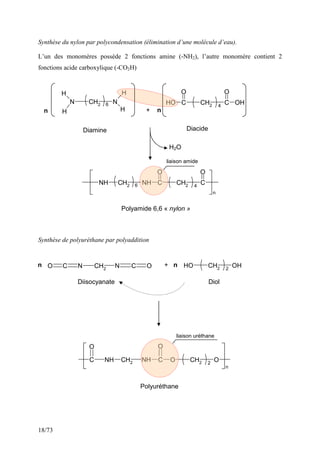 18/73
Synthèse du nylon par polycondensation (élimination d’une molécule d’eau).
L’un des monomères possède 2 fonctions amine (-NH2), l’autre monomère contient 2
fonctions acide carboxylique (-CO2H)
Synthèse de polyuréthane par polyaddition
N CH2 6 N
H
H
H
H
OH C
O
CH2 C
O
OH4
n + n
NH CH2 6 NH C
O
CH2
C
O
4
n
Diamine Diacide
Polyamide 6,6 « nylon »
liaison amide
H2O
N CH2
N CCO O CH2 2
OH OH
NH CH2
NH CC
O O
CH2 2
O O
n
Diisocyanate Diol
n + n
Polyuréthane
liaison uréthane
 