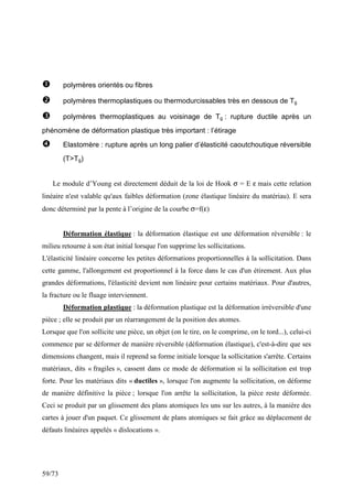 59/73
polymères orientés ou fibres
polymères thermoplastiques ou thermodurcissables très en dessous de Tg
polymères thermoplastiques au voisinage de Tg : rupture ductile après un
phénomène de déformation plastique très important : l’étirage
Elastomère : rupture après un long palier d’élasticité caoutchoutique réversible
(T>Tg)
Le module d’Young est directement déduit de la loi de Hook σ = E ε mais cette relation
linéaire n'est valable qu'aux faibles déformation (zone élastique linéaire du matériau). E sera
donc déterminé par la pente à l’origine de la courbe σ=f(ε)
Déformation élastique : la déformation élastique est une déformation réversible : le
milieu retourne à son état initial lorsque l'on supprime les sollicitations.
L'élasticité linéaire concerne les petites déformations proportionnelles à la sollicitation. Dans
cette gamme, l'allongement est proportionnel à la force dans le cas d'un étirement. Aux plus
grandes déformations, l'élasticité devient non linéaire pour certains matériaux. Pour d'autres,
la fracture ou le fluage interviennent.
Déformation plastique : la déformation plastique est la déformation irréversible d'une
pièce ; elle se produit par un réarrangement de la position des atomes.
Lorsque que l'on sollicite une pièce, un objet (on le tire, on le comprime, on le tord...), celui-ci
commence par se déformer de manière réversible (déformation élastique), c'est-à-dire que ses
dimensions changent, mais il reprend sa forme initiale lorsque la sollicitation s'arrête. Certains
matériaux, dits « fragiles », cassent dans ce mode de déformation si la sollicitation est trop
forte. Pour les matériaux dits « ductiles », lorsque l'on augmente la sollicitation, on déforme
de manière définitive la pièce ; lorsque l'on arrête la sollicitation, la pièce reste déformée.
Ceci se produit par un glissement des plans atomiques les uns sur les autres, à la manière des
cartes à jouer d'un paquet. Ce glissement de plans atomiques se fait grâce au déplacement de
défauts linéaires appelés « dislocations ».
 